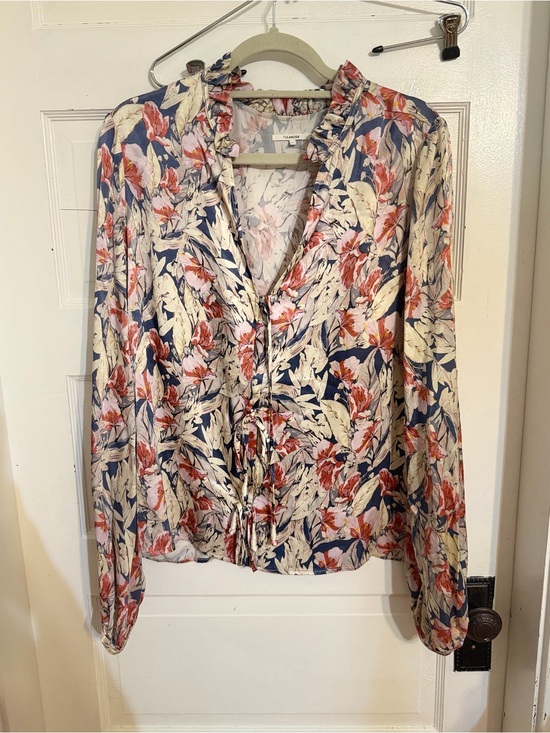 Tularosa Tops - Tularosa Navy, Cream & Pink Floral Ruffle Tie-Neck Blouse